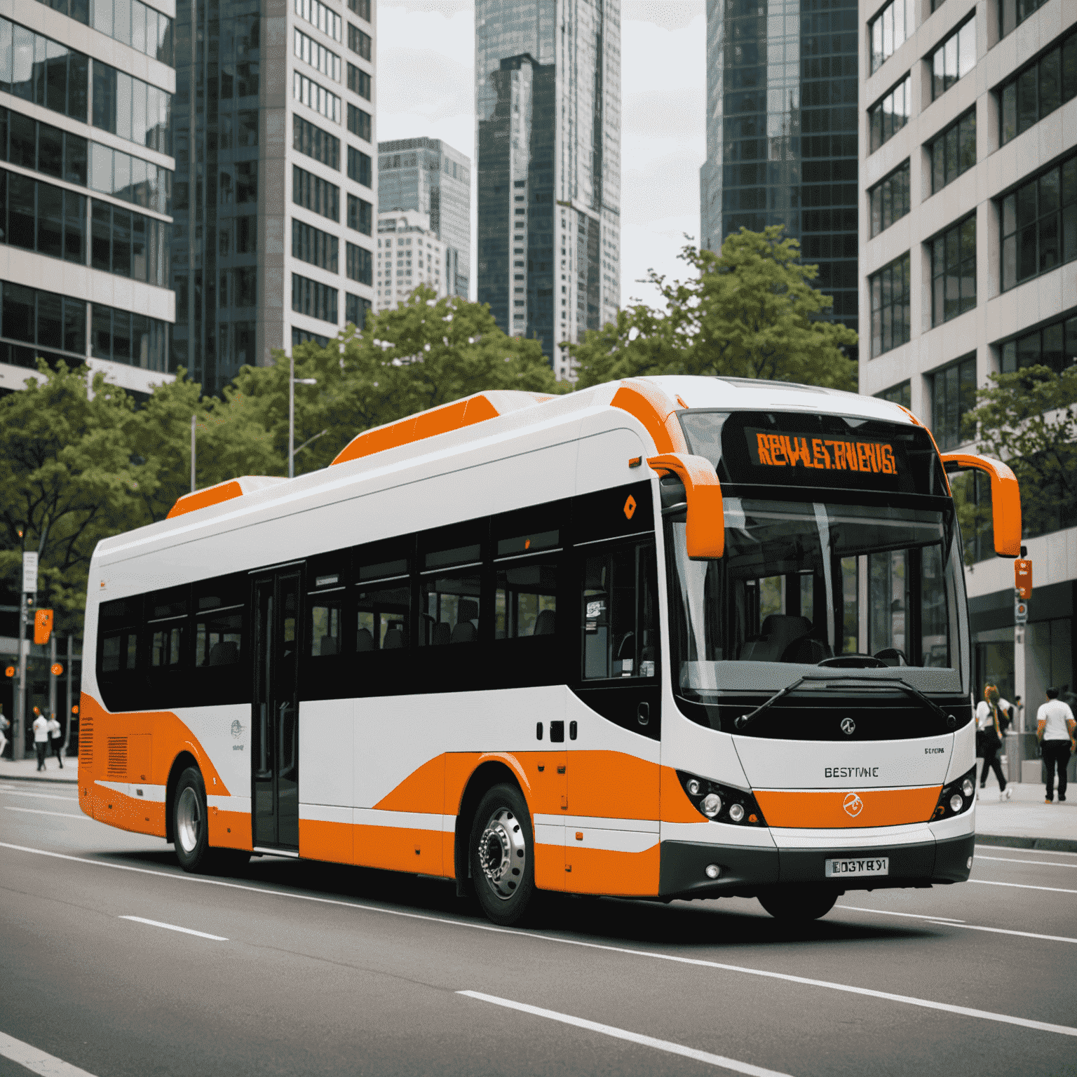 A sleek, modern hybrid bus with orange and white color scheme, showcasing its eco-friendly features and advanced design