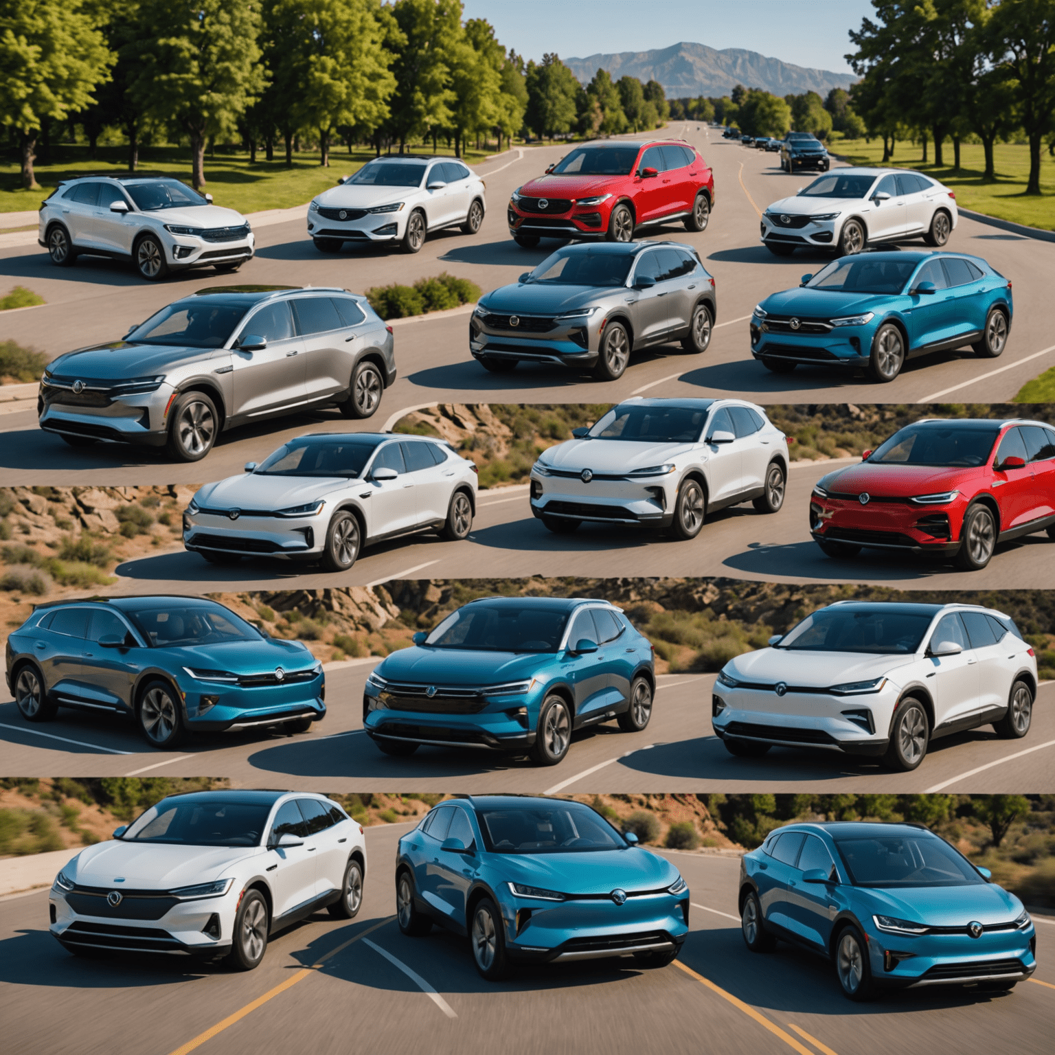 Collage of modern cars showcasing various 2024 models, including electric vehicles, SUVs, and autonomous driving technology