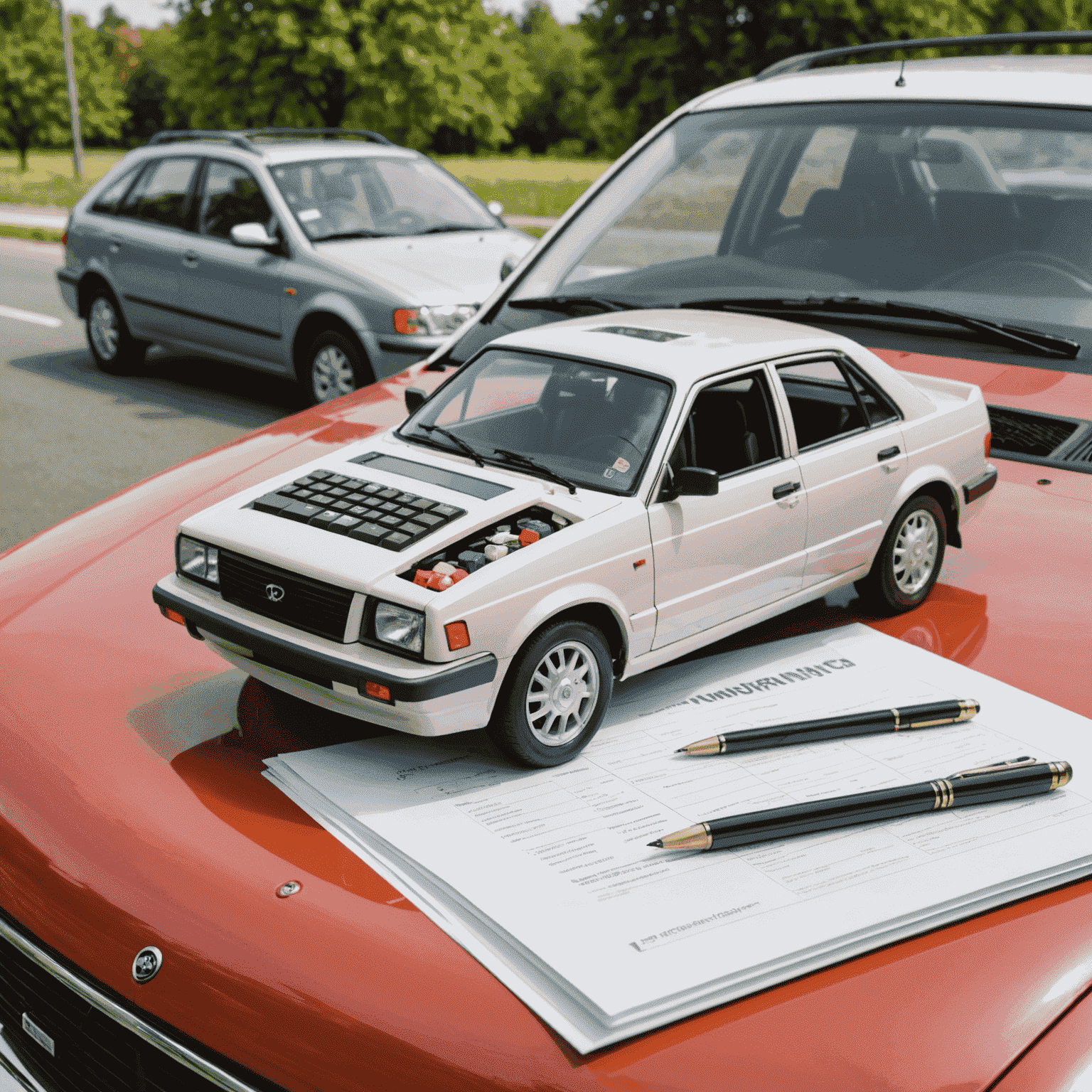 A car with a calculator and insurance documents on the hood, symbolizing auto insurance savings