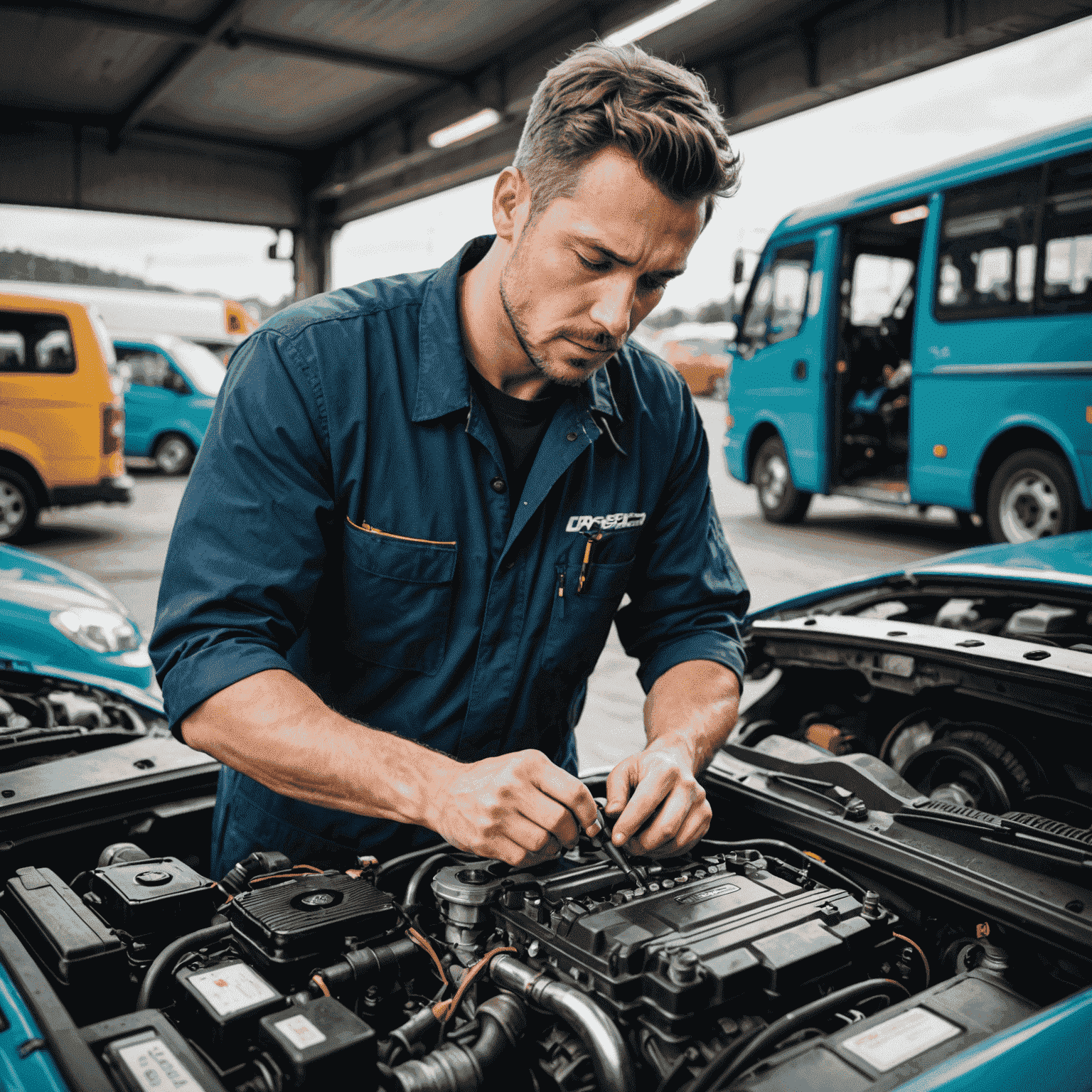 A mechanic using a diagnostic tool on a car engine, with various buses and cars in the background