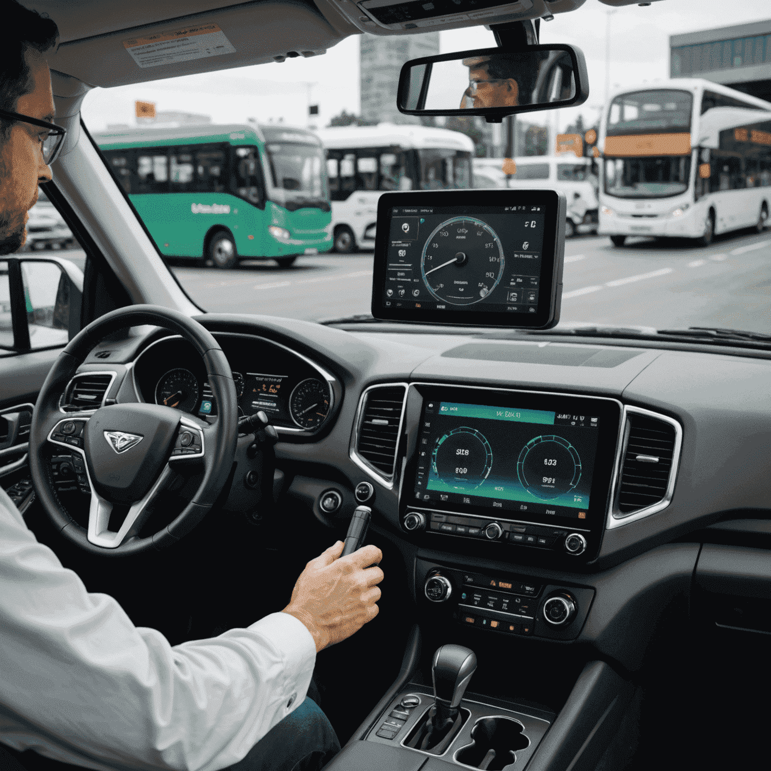 A modern vehicle diagnostic system connected to a bus engine, showing real-time data on a large screen