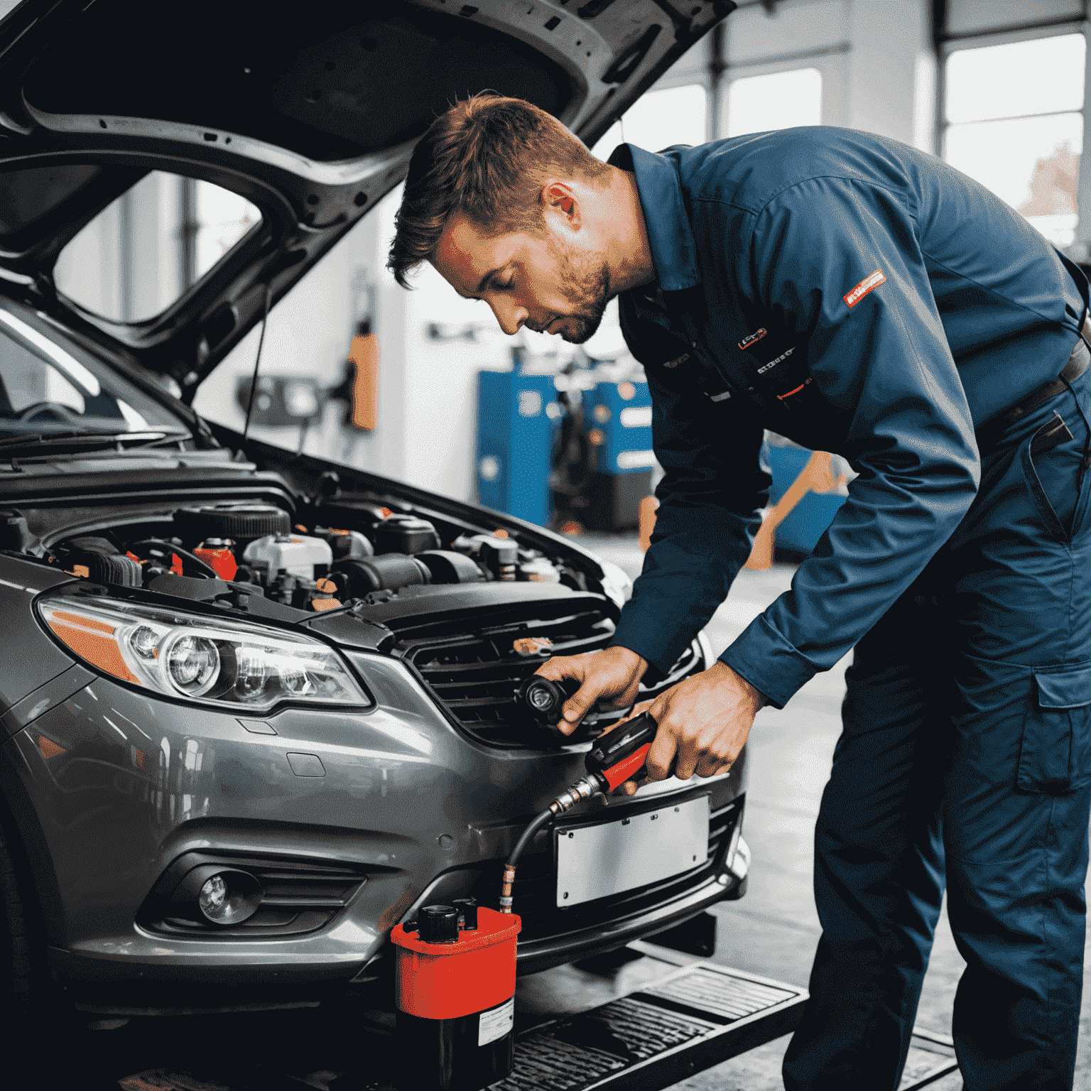 Mechanic performing an express oil change on a car, with a timer showing quick service time