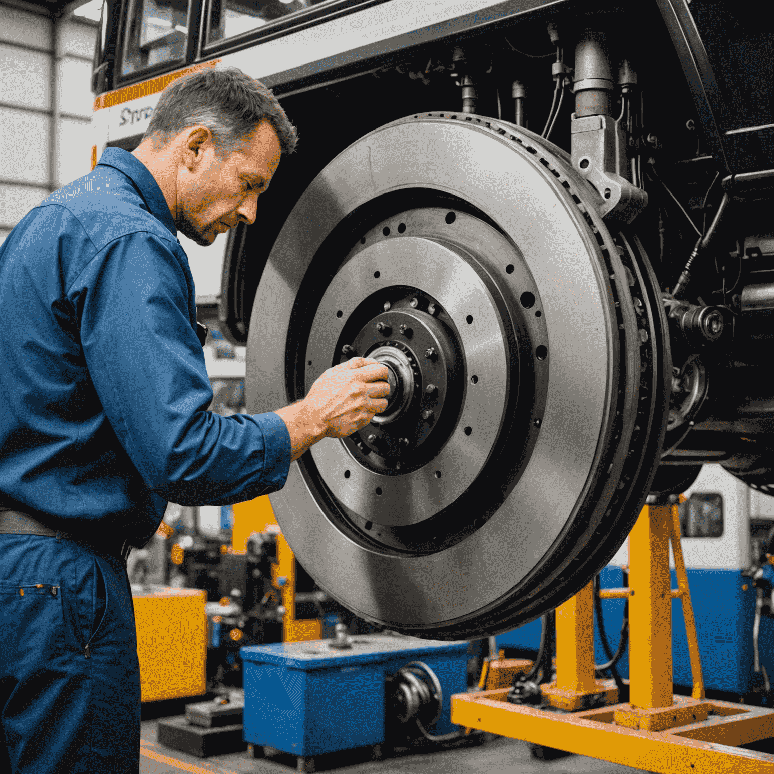 Mechanic inspecting brake system of a bus, focusing on the large disc brakes and calipers. The image shows the complexity and scale of bus brake systems.