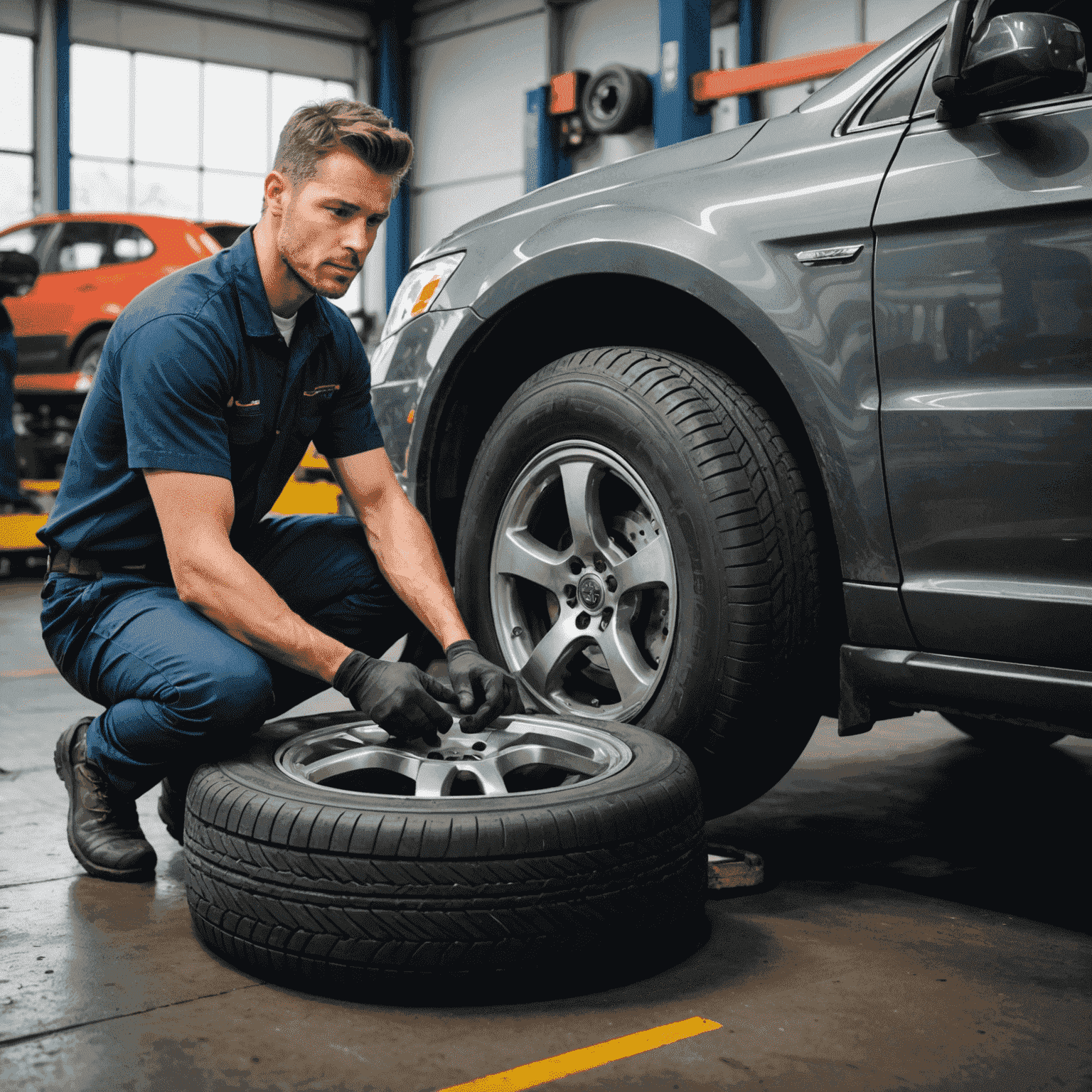 Mechanic performing tire rotation on a car, with various tire sizes visible in the background