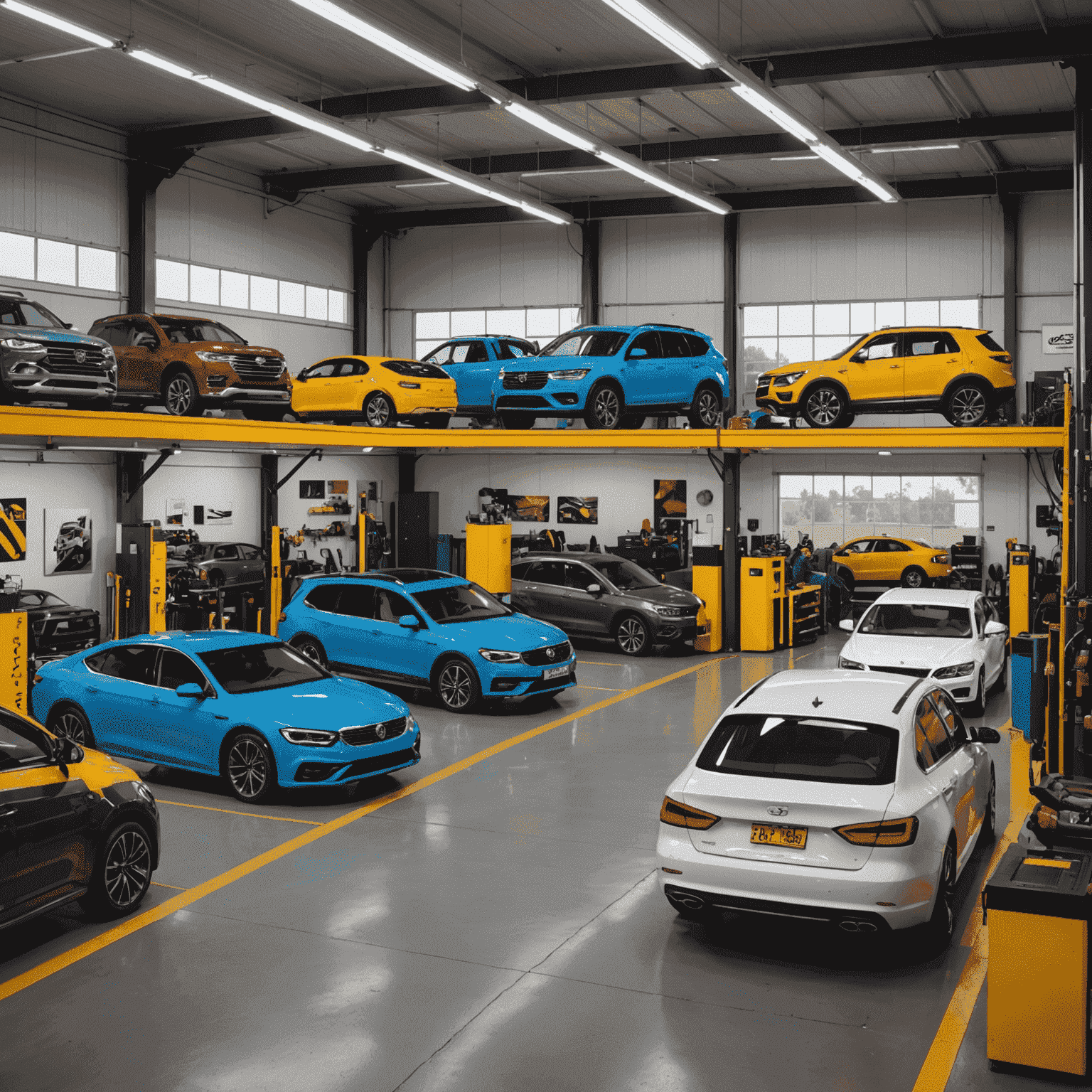 A modern garage with multiple bus and car bays, mechanics working on various vehicles, diagnostic equipment, and organized tool stations