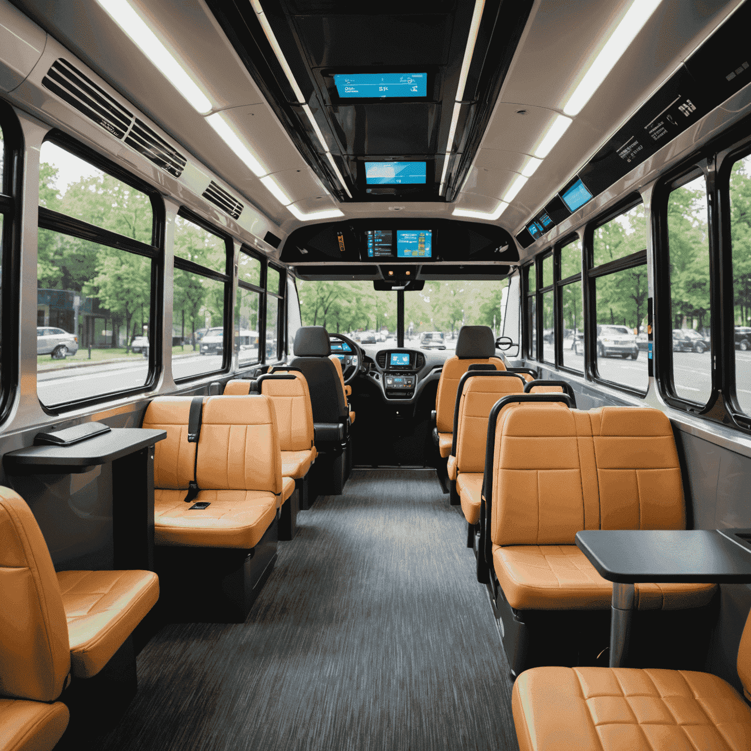 Interior view of the hybrid bus showing modern seating, charging ports, and a digital information display