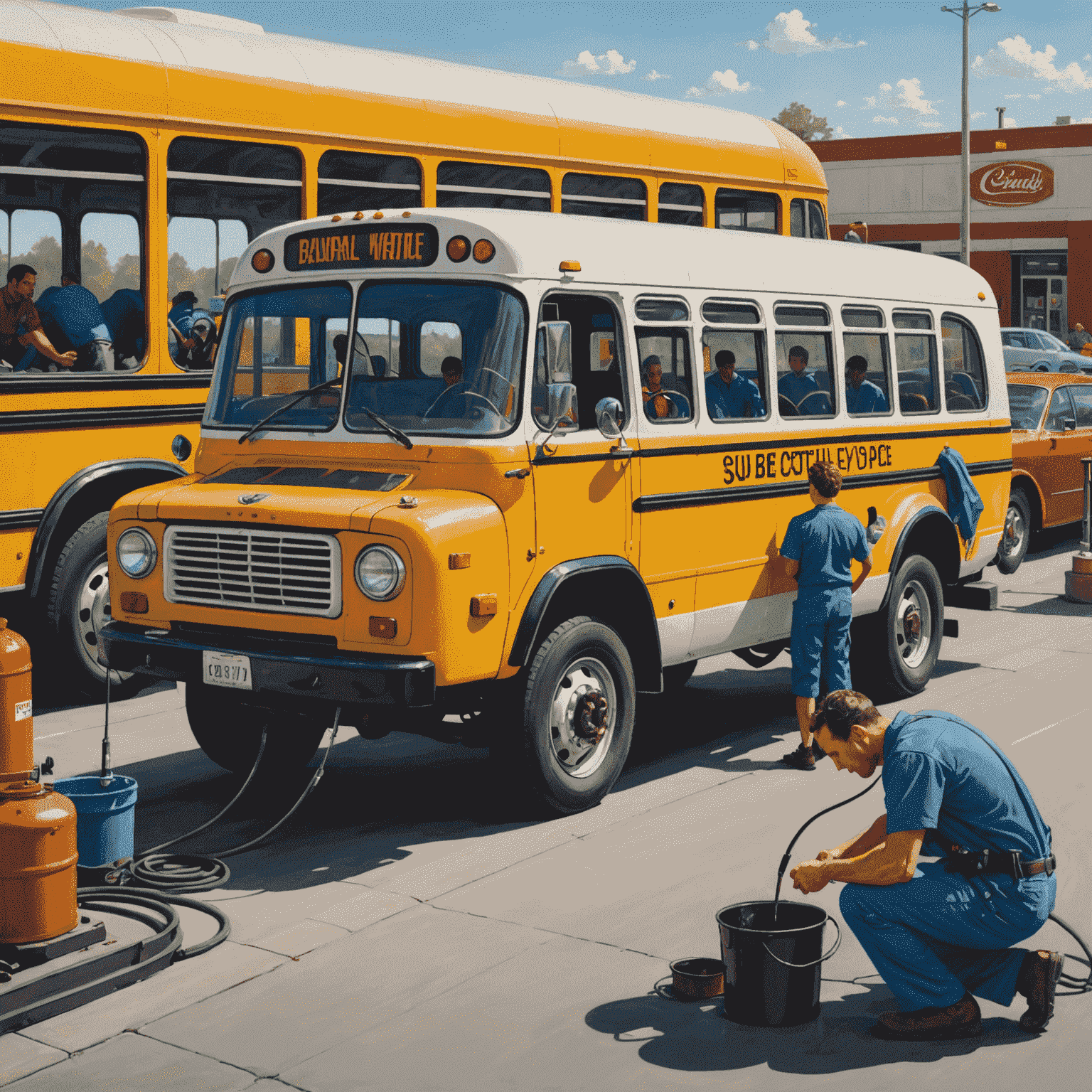 A mechanic performing a quick oil change on a car, with a bus waiting in line