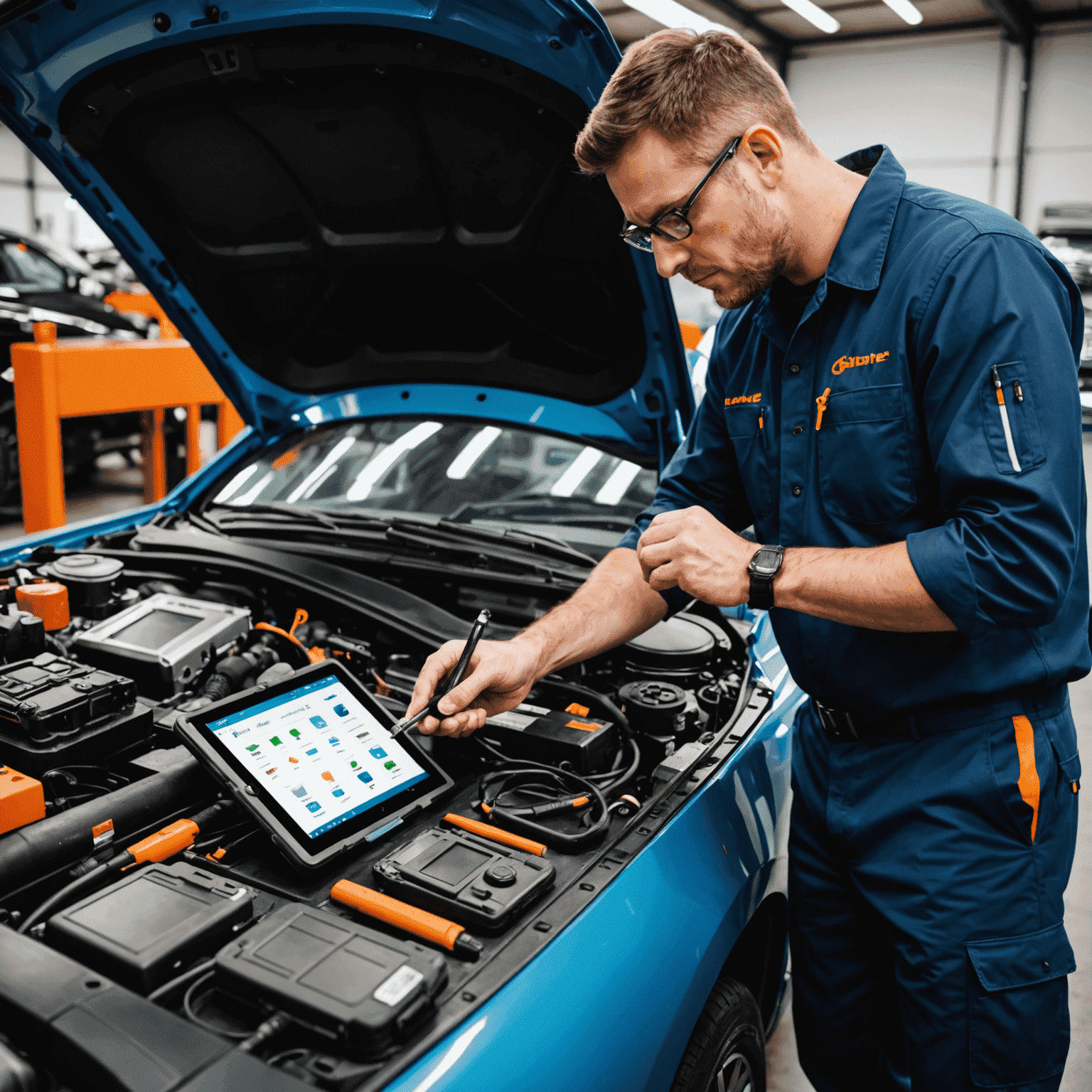 A technician using a tablet connected to a car's diagnostic port, surrounded by various tools and equipment in a modern auto shop