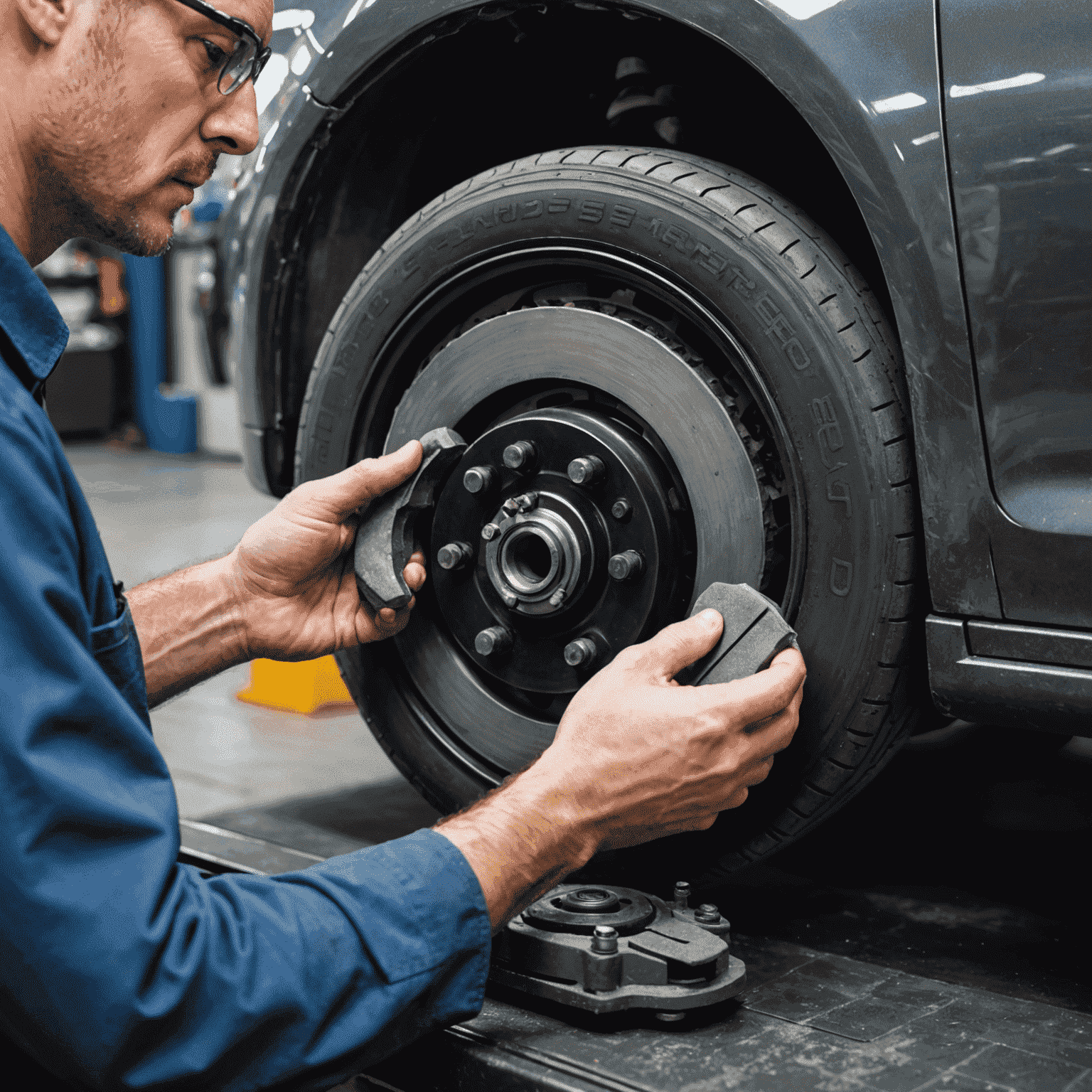 Close-up of a technician performing a brake pad replacement on a car, showcasing the precision and care taken during the repair process.