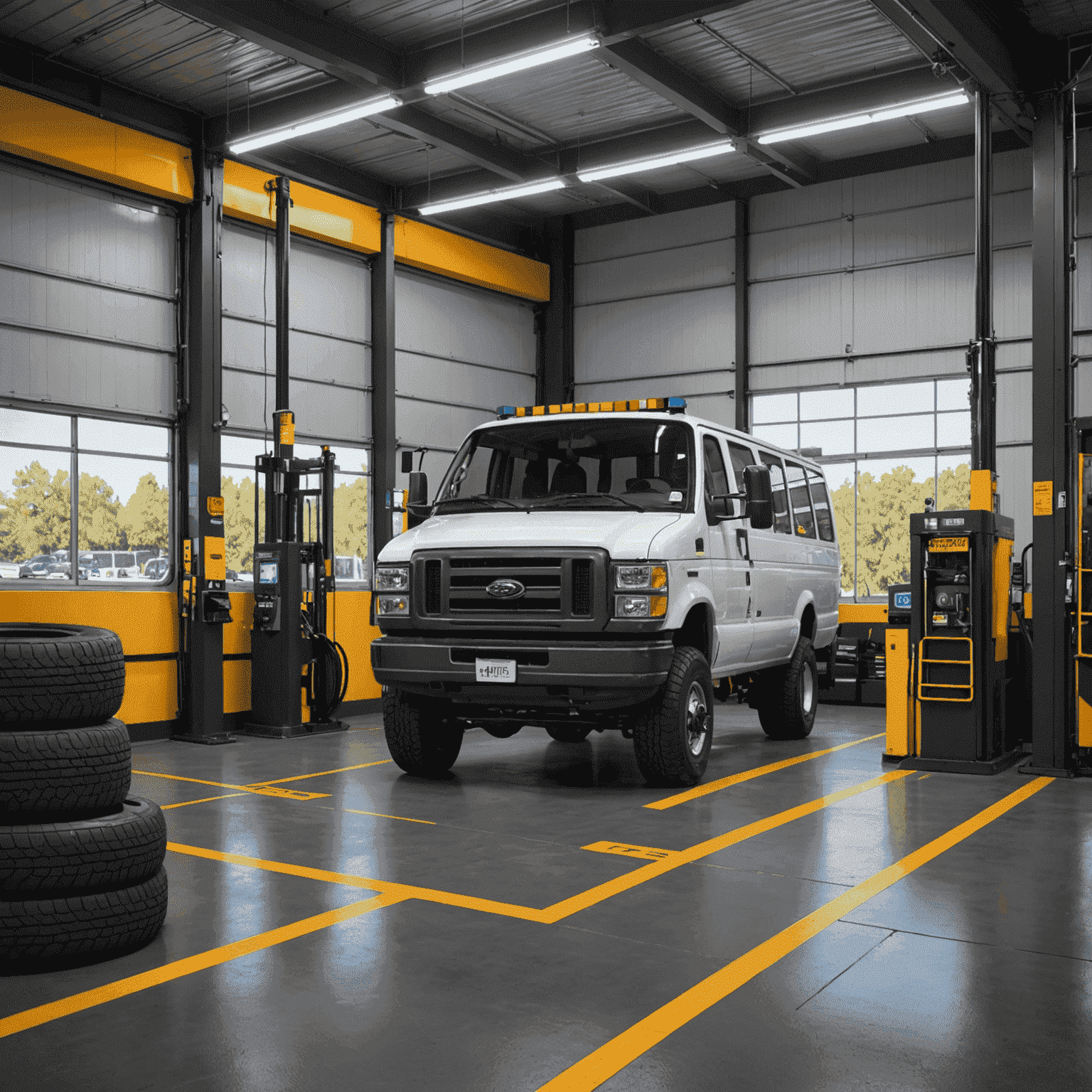 Tire service bay with modern equipment, featuring a variety of tires for buses, cars, and other vehicles