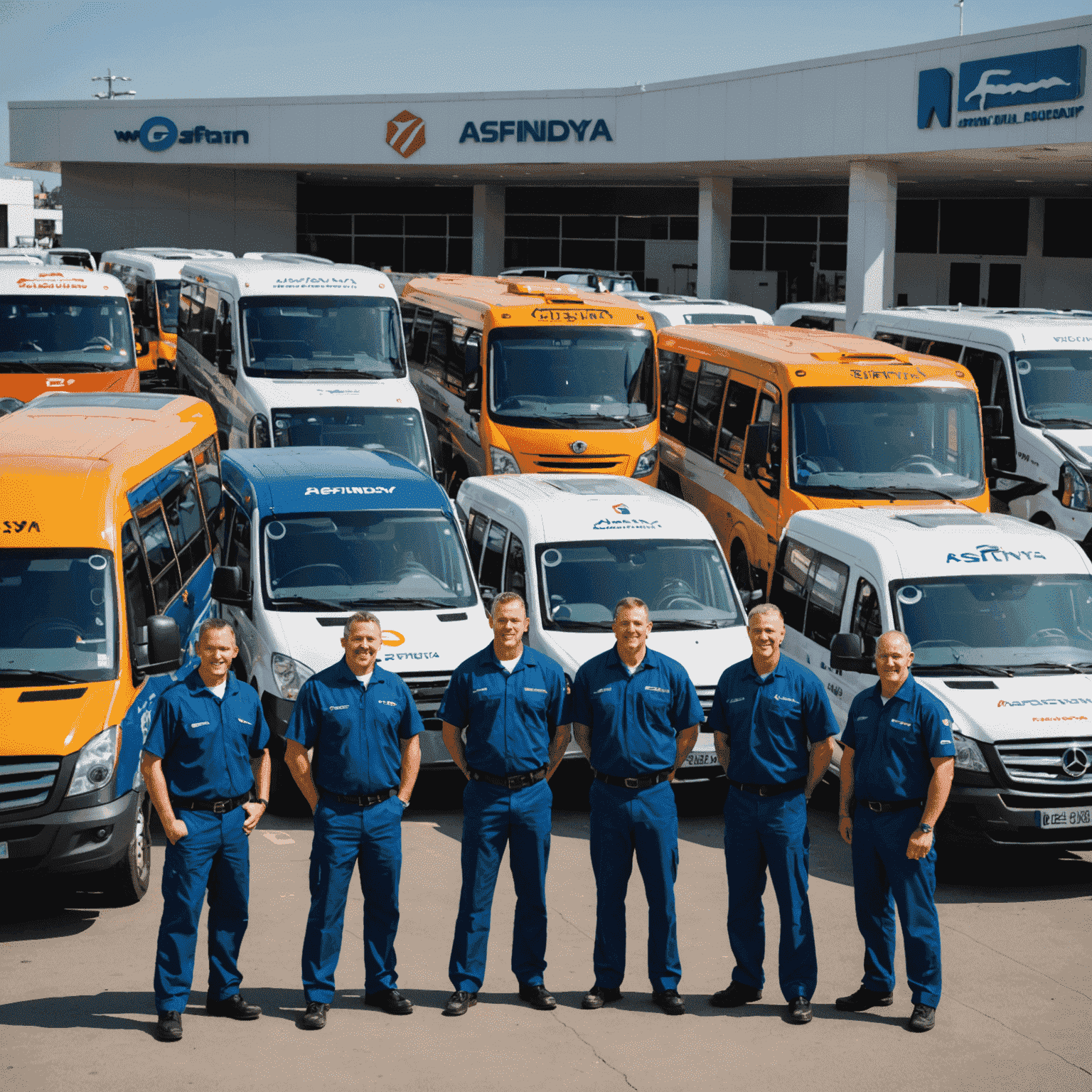 A team of mechanics in uniforms standing in front of a fleet of well-maintained buses and cars, with the asfindaya_com logo visible