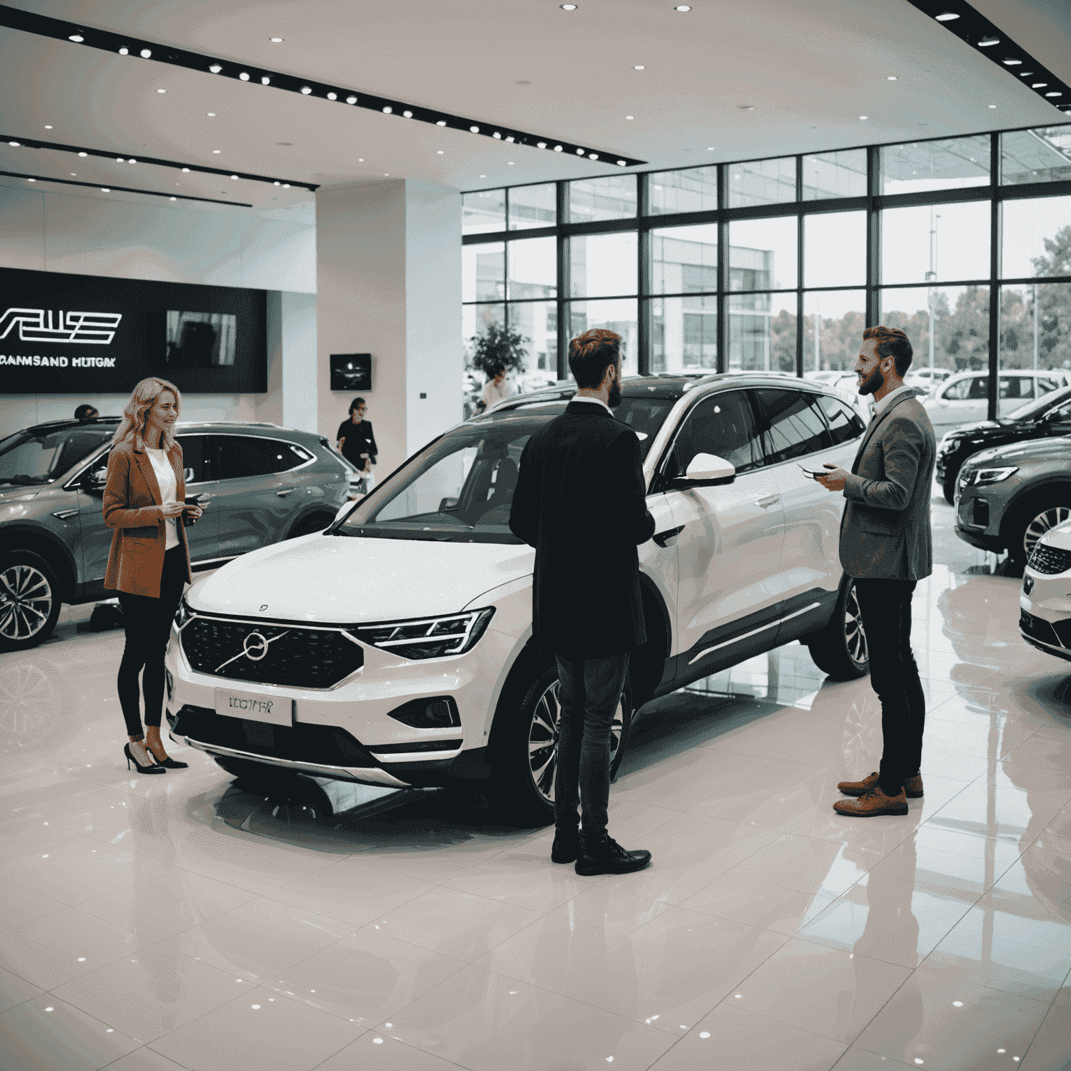 Diverse group of people looking at and discussing electric SUV models in a modern car showroom