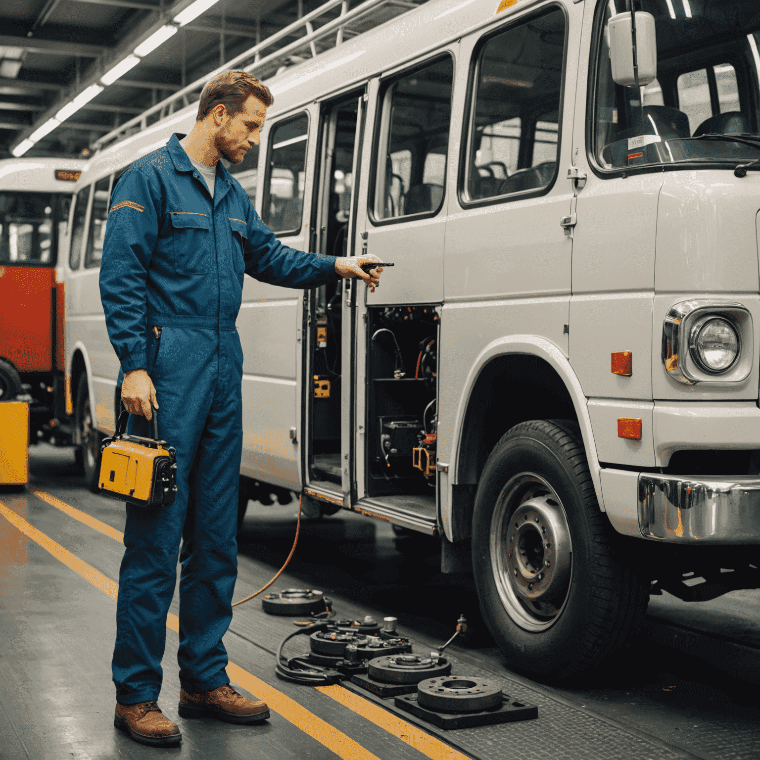A mechanic inspecting the brake system of a bus, with various cars in the service area