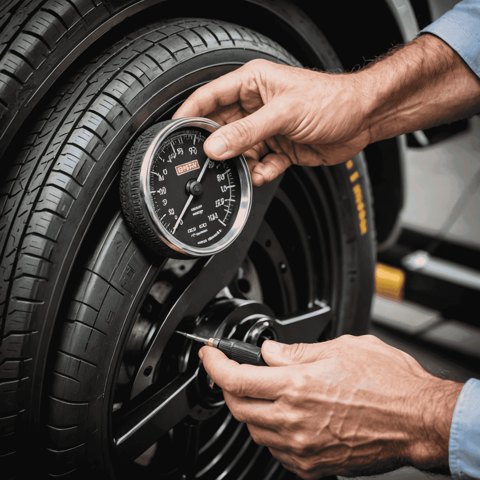 Close-up of a technician inspecting tire tread depth with a professional gauge