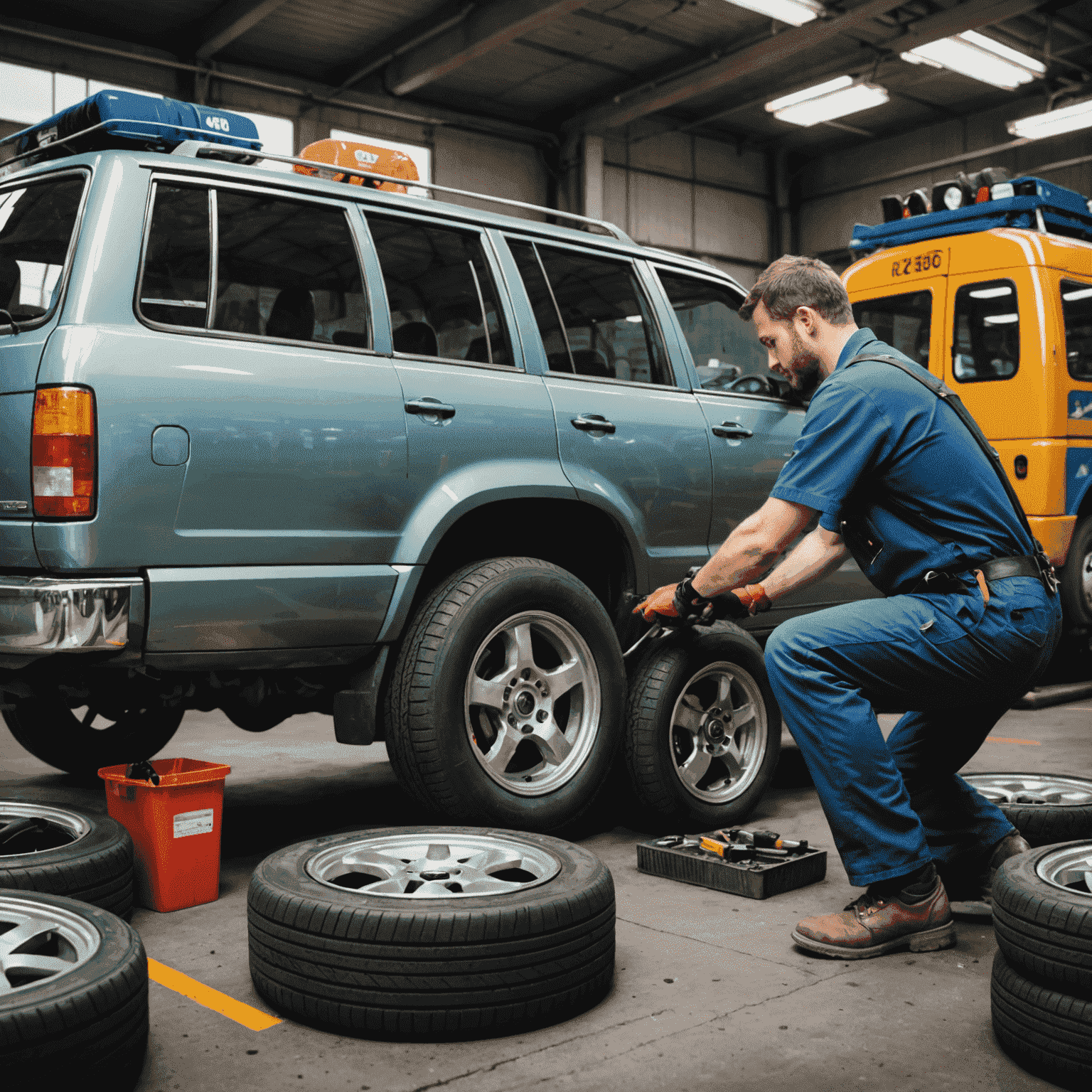A mechanic changing tires on a car, with a variety of tires for buses and autos in the background