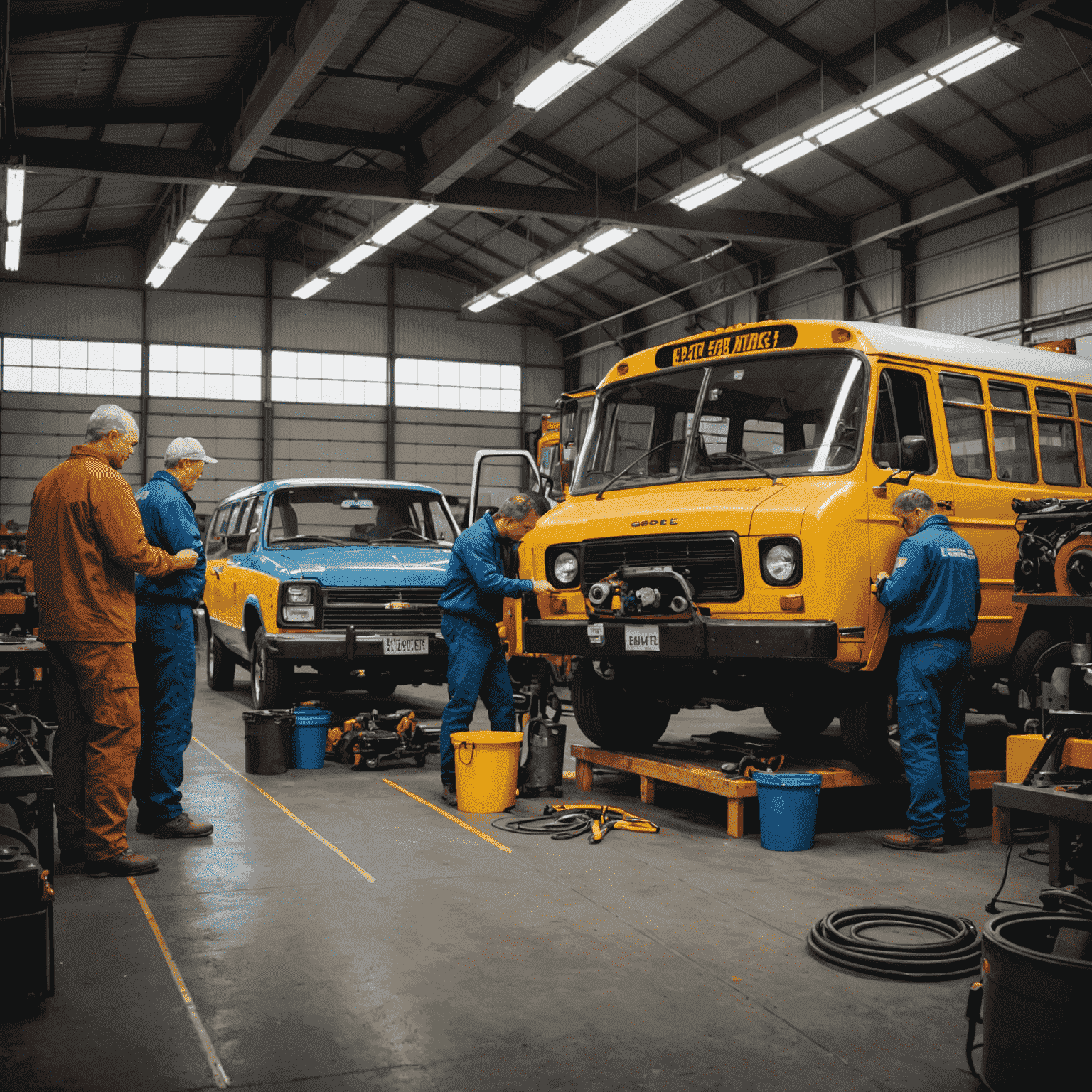 A group of mechanics working on multiple buses and cars in a large garage