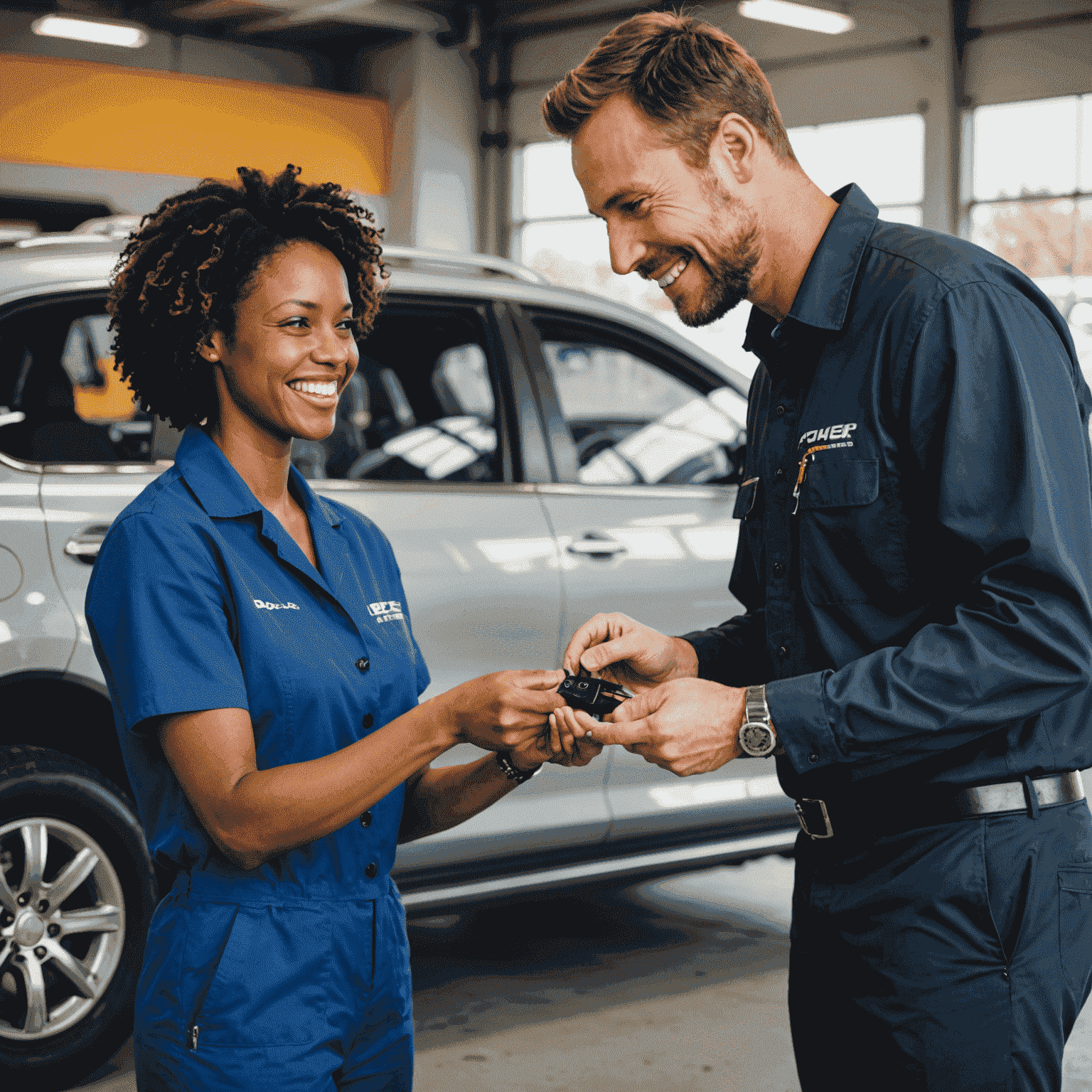 A satisfied customer receiving keys to their vehicle after a tire service, with a smiling technician in the background
